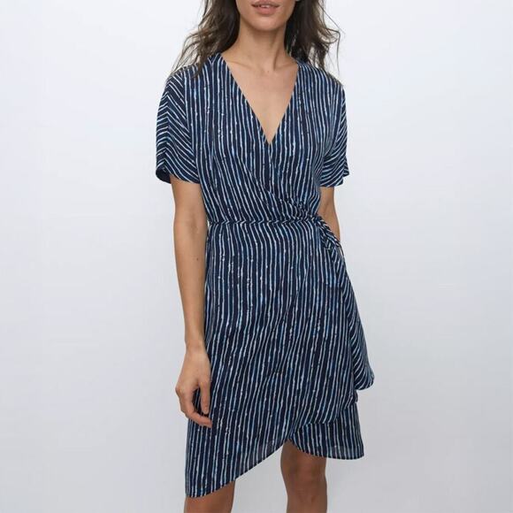 Aritzia Dresses & Skirts - Aritzia Navy and White Striped Wrap Mini Dress